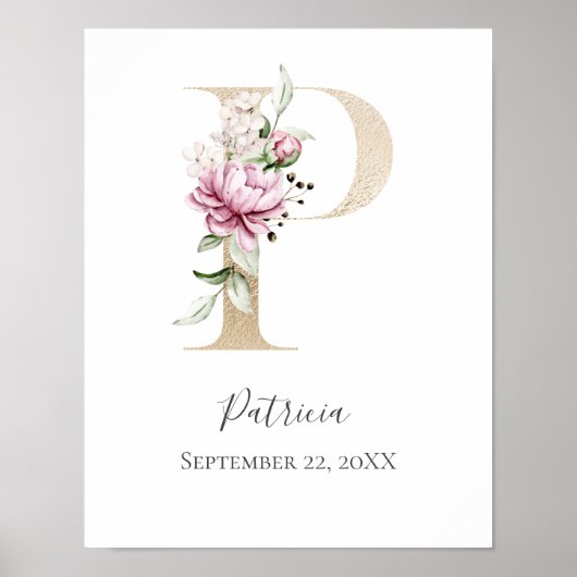Poster LETTRE MONOGRAPHIQUE P Pink Blanc Floral OR PUR (Devant)