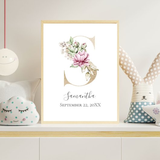 Poster LETTRE MONOGRAPHIQUE S Pink Blanc Floral OR PUR