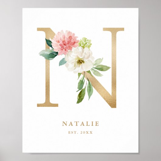 Poster Lettre N Blush Floral Monogram Gold Foil Nursery (Devant)