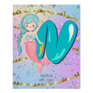 Poster Lettre N Monogramme Aquarelle mignonne Sirène