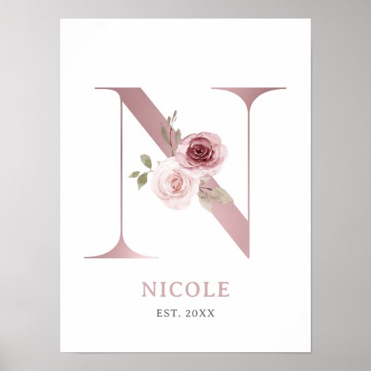 Poster Lettre N Monogramme Aquarelle Rose Florals Nursery (Devant)