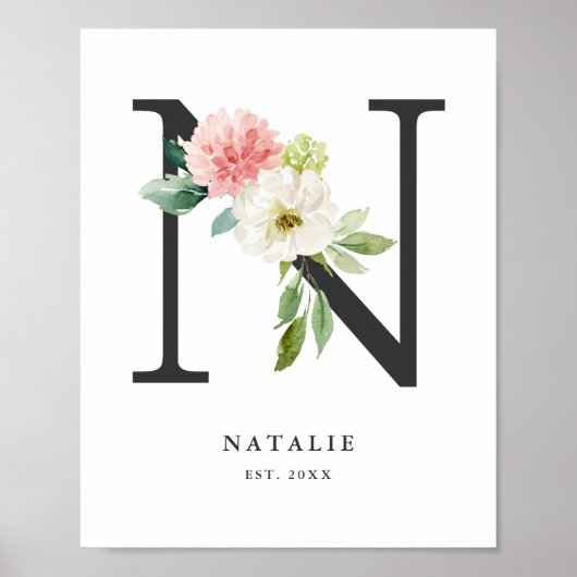 Poster Lettre N Monogramme Peach Florals Peach Nursery (Devant)