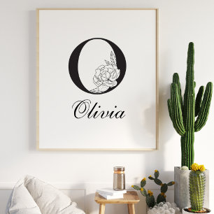 Poster Lettre O Floral Moderne Noir Monogram Nursery