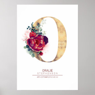 Poster Lettre O Monogram Floral Bourgogne Rouge et or