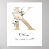 Poster Lettre or florale rose monogramme K rose (Devant)