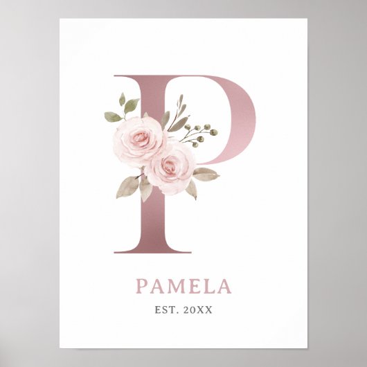 Poster Lettre P Monogramme Aquarelle Rose Florals Nursery (Devant)