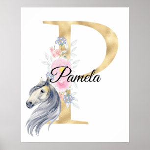 Poster Lettre P monogramme de nom personnalisé avec cheva