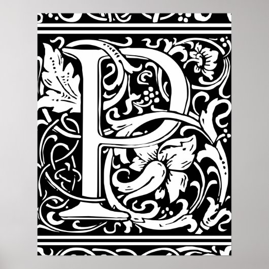 Poster Lettre P Monogramme médiéval Art Nouveau (Devant)