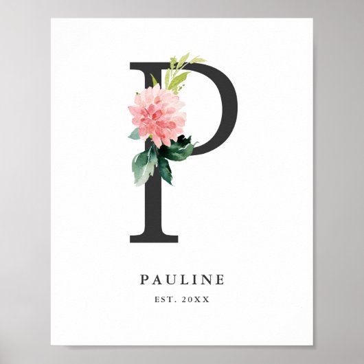 Poster Lettre P Monogramme Peach Florals Nursery (Devant)