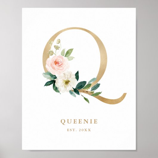 Poster Lettre Q Blush Floral Monogram Gold Foil Nursery (Devant)