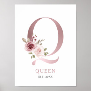 Poster Lettre Q Monogramme Rose d'aquarelle Florals Nurse