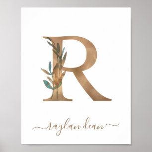 Poster Lettre R dorée florale aquarelle monogramme