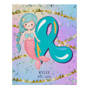 Poster Lettre R Monogramme Aquarelle mignonne Sirène