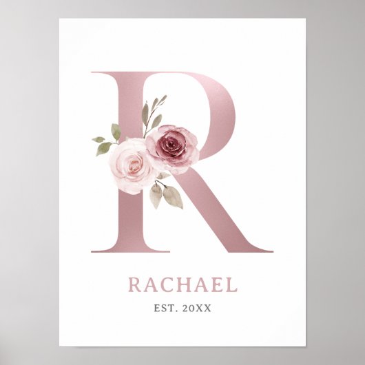 Poster Lettre R Monogramme Aquarelle Rose Florals Nursery (Devant)