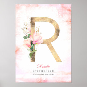 Poster Lettre R Monogramme Feuilles or rose Magnolia Flor