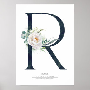 Poster Lettre R Monogramme Fleurs blanches et verdure