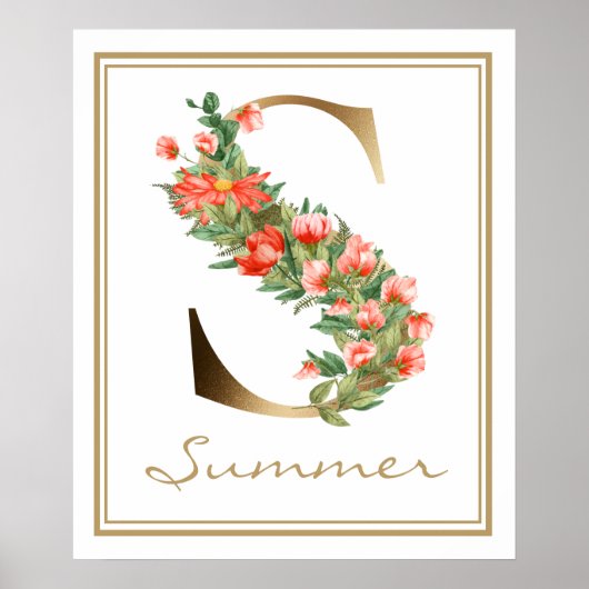 Poster Lettre S Monogramme Or Orange Fleurs (Devant)