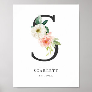 Poster Lettre S Monogramme Peach Florals Nursery