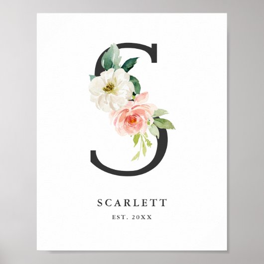 Poster Lettre S Monogramme Peach Florals Nursery (Devant)