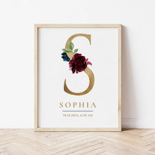 Poster Lettre S Nom du monogramme Marsala Floral Nursery