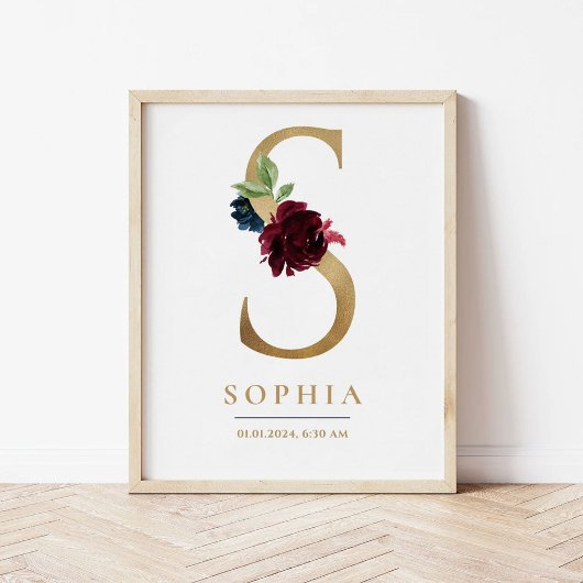 Poster Lettre S Nom du monogramme Marsala Floral Nursery
