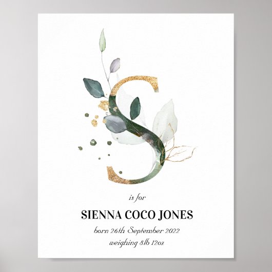 Poster Lettre S Nouveau bébé Monogramme Naissance Imprime (Devant)