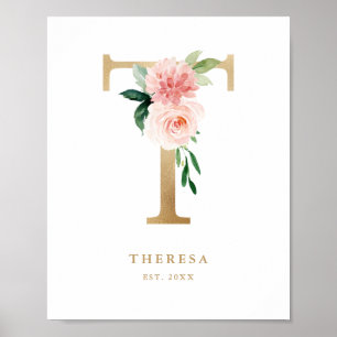 Poster Lettre T Blush Floral Monogram Gold Foil Nursery