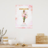 Poster LETTRE T Feuilles d'or Monogramme rose Magnolia Fl (Cuisine)