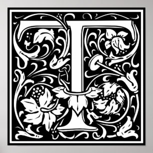Poster Lettre T Monogramme Médiéval Initial Vintage