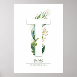 Poster Lettre T Monogramme Or Vert Feuillage Chic