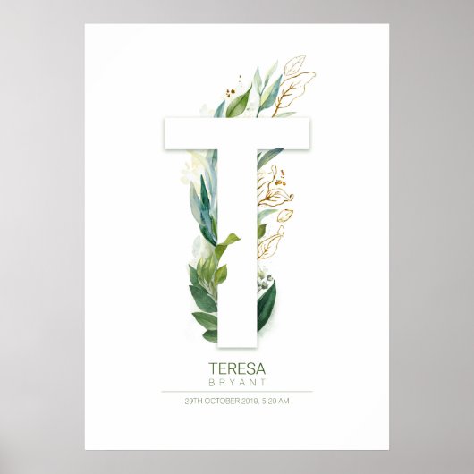 Poster Lettre T Monogramme Or Vert Feuillage Chic (Devant)