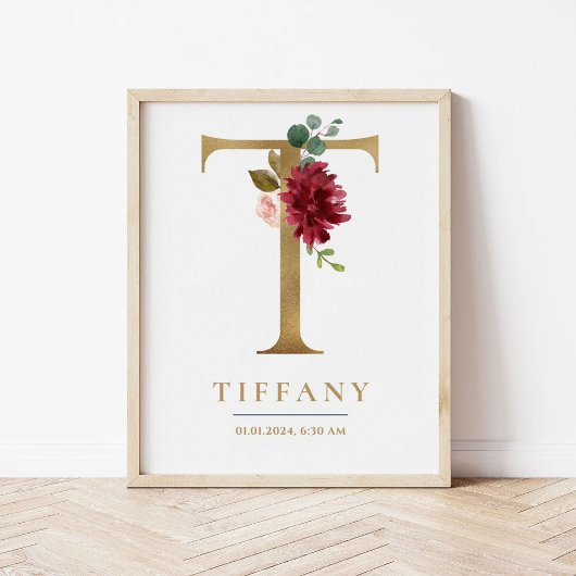 Poster Lettre T Nom du monogramme Marsala Floral Nursery