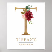 Poster Lettre T Nom du monogramme Marsala Floral Nursery (Devant)