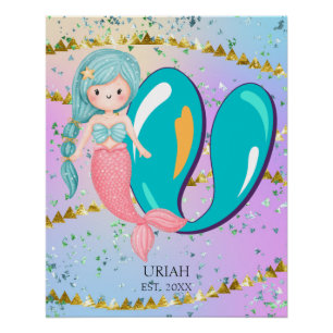 Poster Lettre U Monogram Aquarelle mignonne Sirène