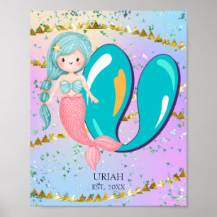 Poster Lettre U Monogram Aquarelle mignonne Sirène