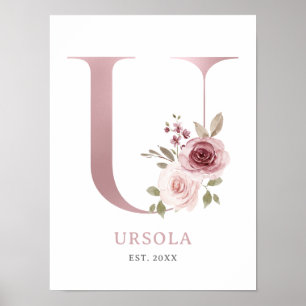 Poster Lettre U Monogramme Aquarelle Rose Florals Nursery