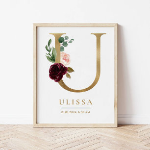 Poster Lettre U Monogramme Nom Marsala Floral Nursery