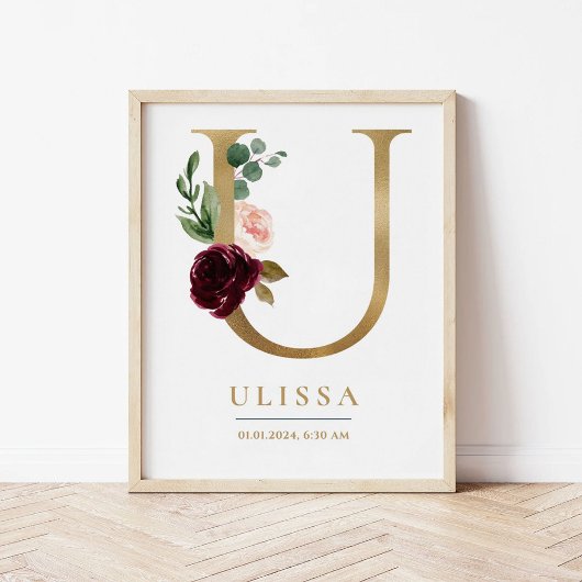 Poster Lettre U Monogramme Nom Marsala Floral Nursery