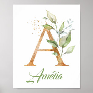 Poster Lettre Un monogramme vert eucalyptus or