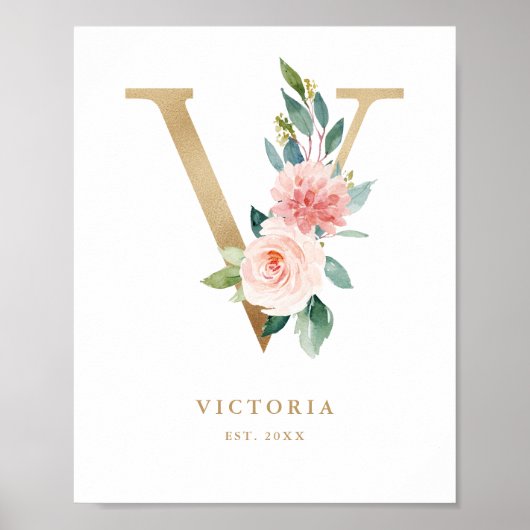 Poster Lettre V Blush Floral Monogram Gold Foil Nursery (Devant)