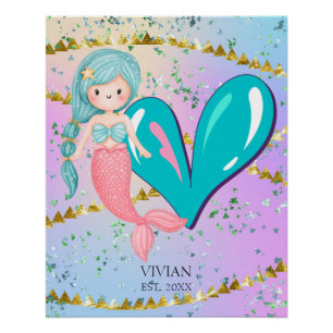Poster Lettre V Monogramme Aquarelle mignonne Sirène