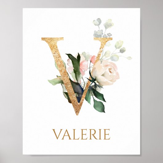 Poster Lettre V Monogramme crème blanche rose Nursery Pos (Devant)