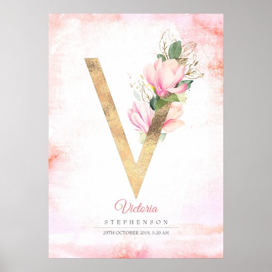 Poster Lettre V Monogramme Feuille or rose Magnolia Flora (Devant)