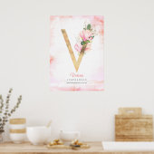 Poster Lettre V Monogramme Feuille or rose Magnolia Flora (Cuisine)