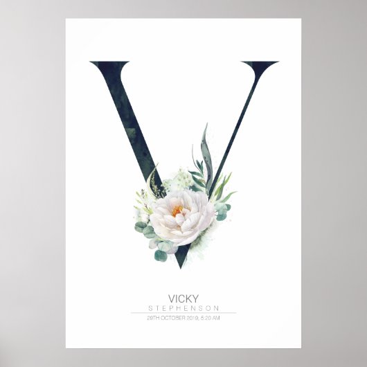Poster Lettre V Monogramme Fleurs Blanches et Feuillage (Devant)
