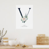 Poster Lettre V Monogramme Fleurs Blanches et Feuillage (Cuisine)