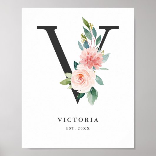 Poster Lettre V Monogramme Peach Florals Nursery (Devant)