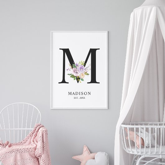 Poster Lettre violet Lavande 'M' Nursert Nom Wall Art