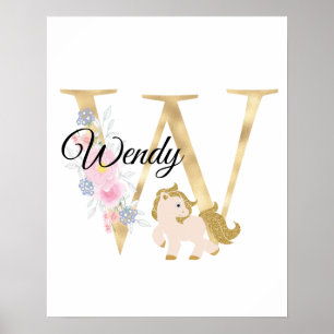 Poster Lettre W personnalisée monogramme avecpony