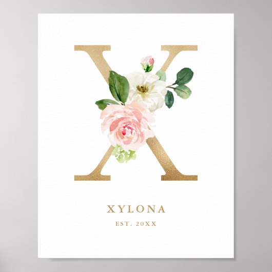 Poster Lettre X Blush Floral Monogram Gold Foil Nursery (Devant)